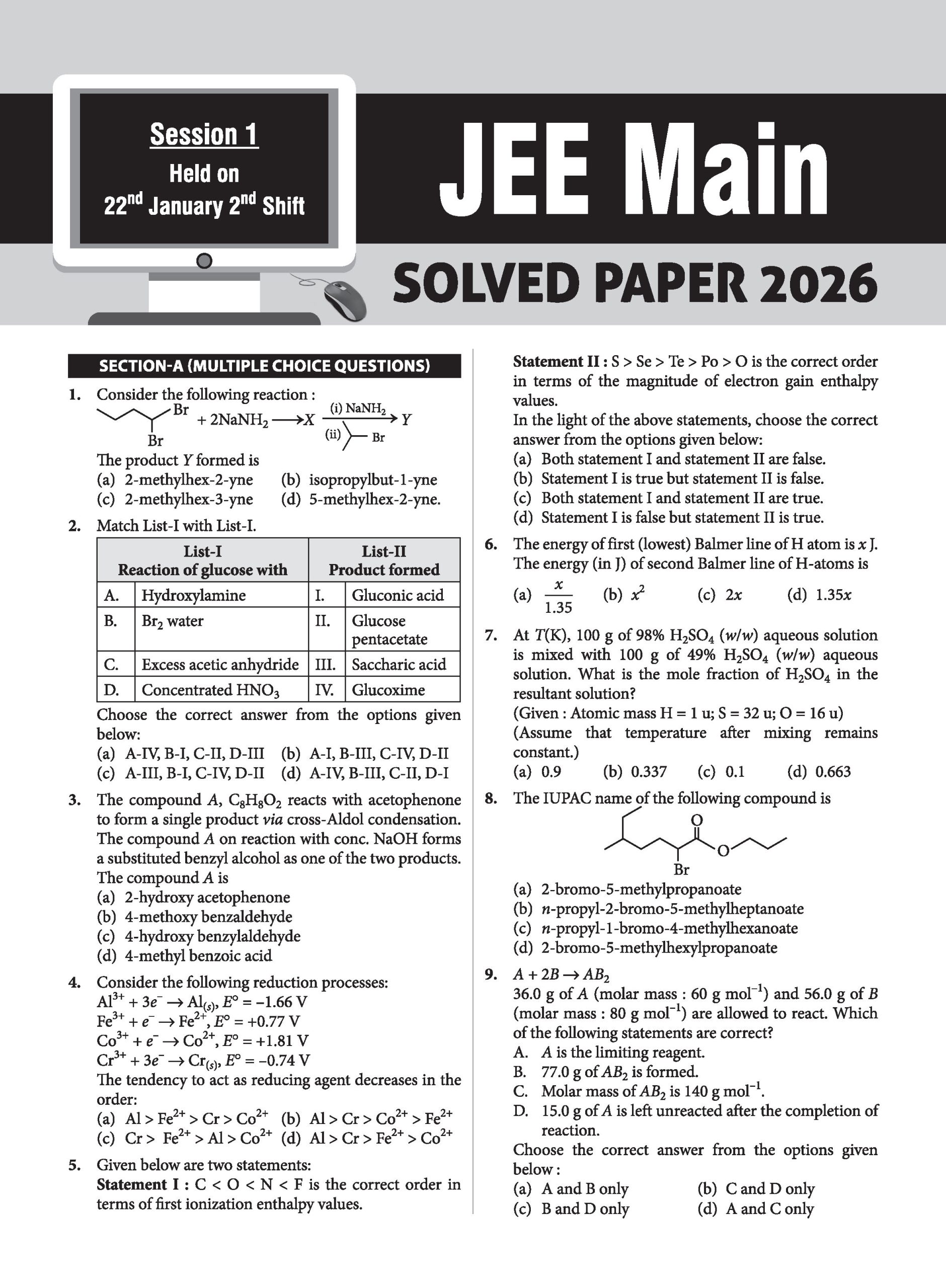 10 JEE Main Online 2026 Session-1 Previous Year Solved Papers