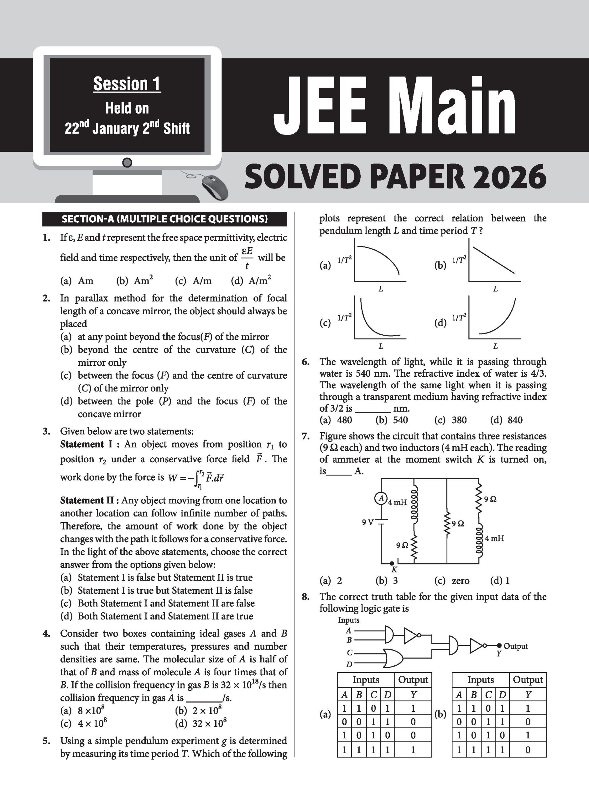10 JEE Main Online 2026 Session-1 Previous Year Solved Papers
