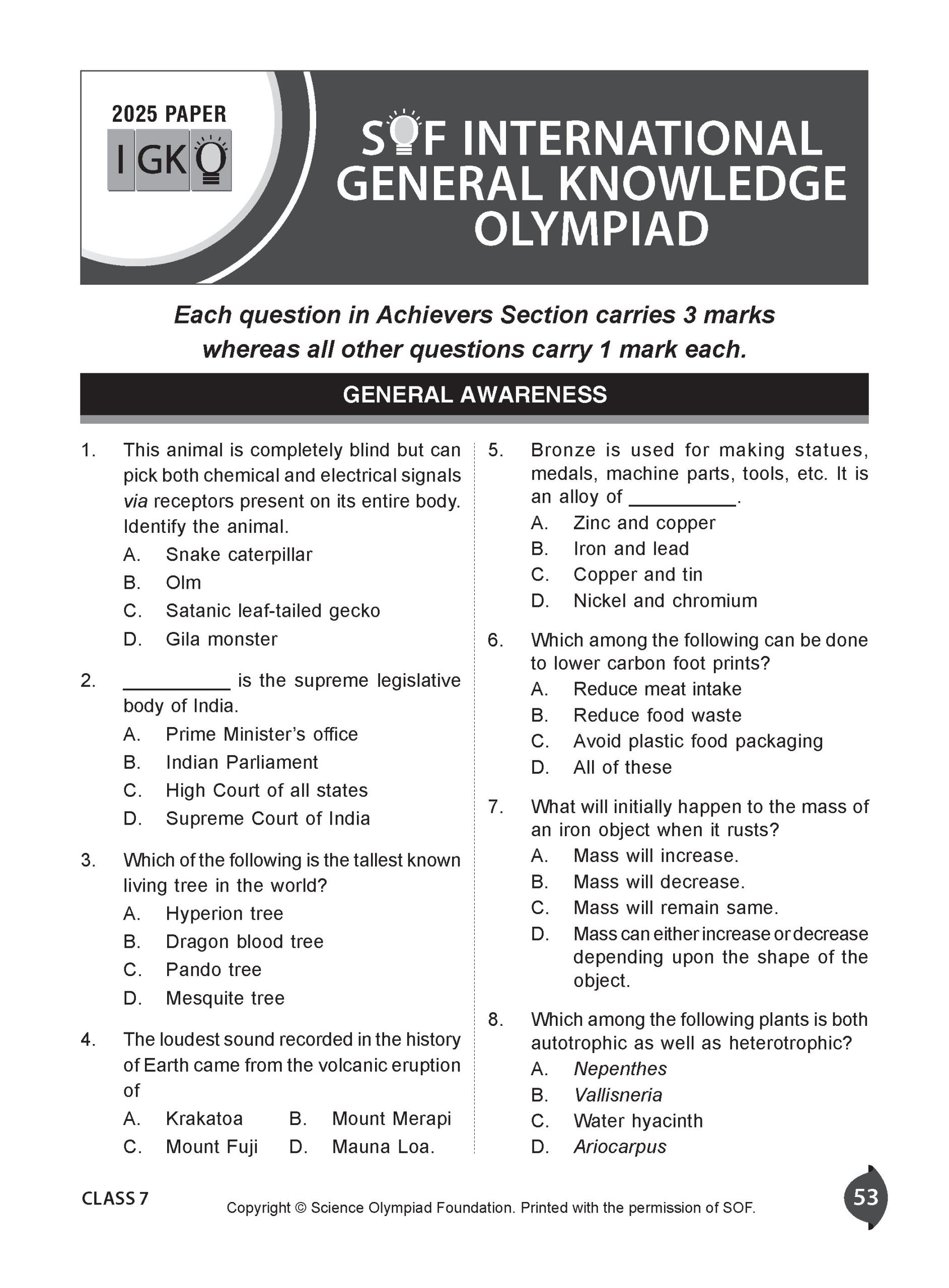 Class 7 International General Knowledge Olympiad (IGKO) Workbook for 2026-27 Exam