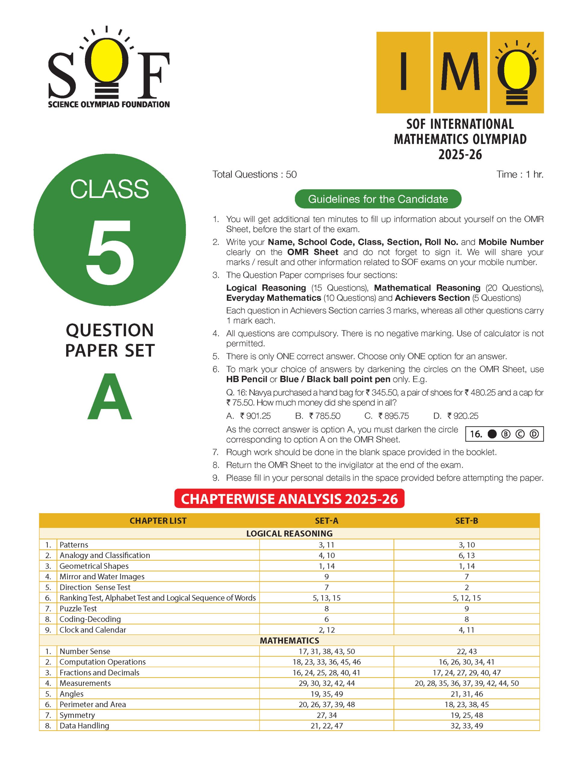 IMO Class-5 Olympiad 10 Previous Years Papers (2025-2021 Set A and B) Mathematics with Sample OMR Sheet For 2026-27 Exam