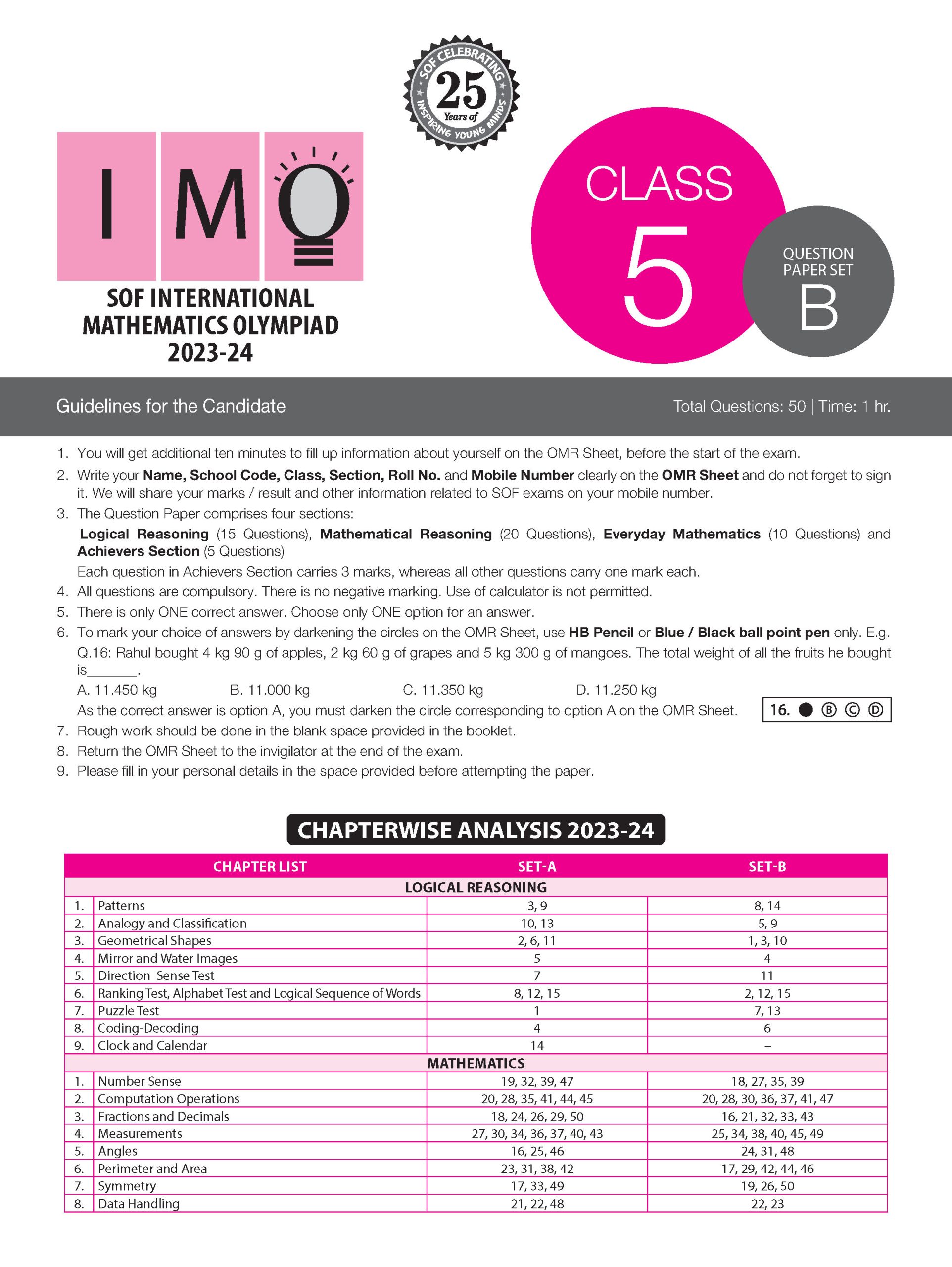 IMO Class-5 Olympiad 10 Previous Years Papers (2025-2021 Set A and B) Mathematics with Sample OMR Sheet For 2026-27 Exam