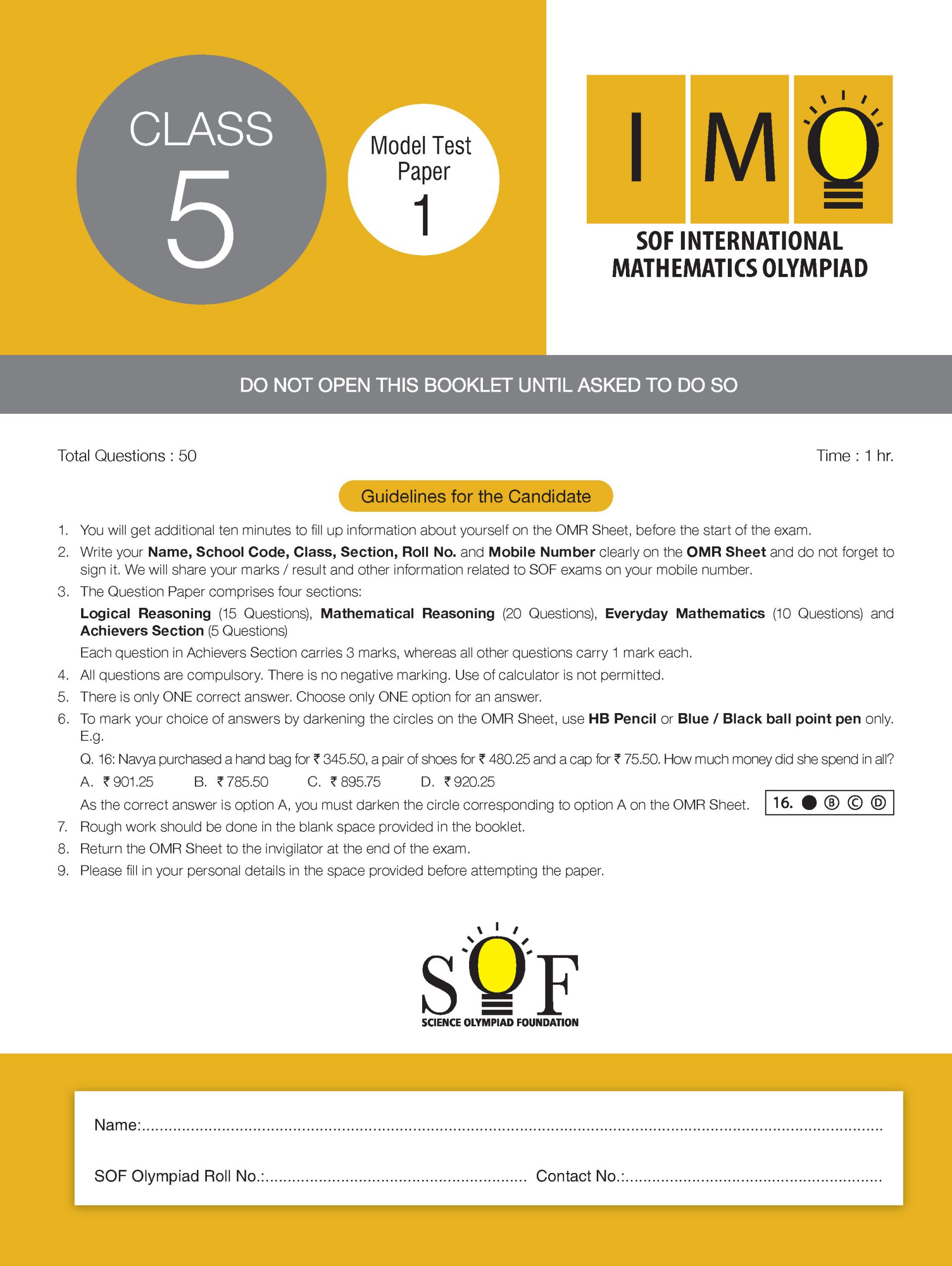 IMO Class-5 Olympiad 10 Previous Years Papers (2025-2021 Set A and B) Mathematics with Sample OMR Sheet For 2026-27 Exam