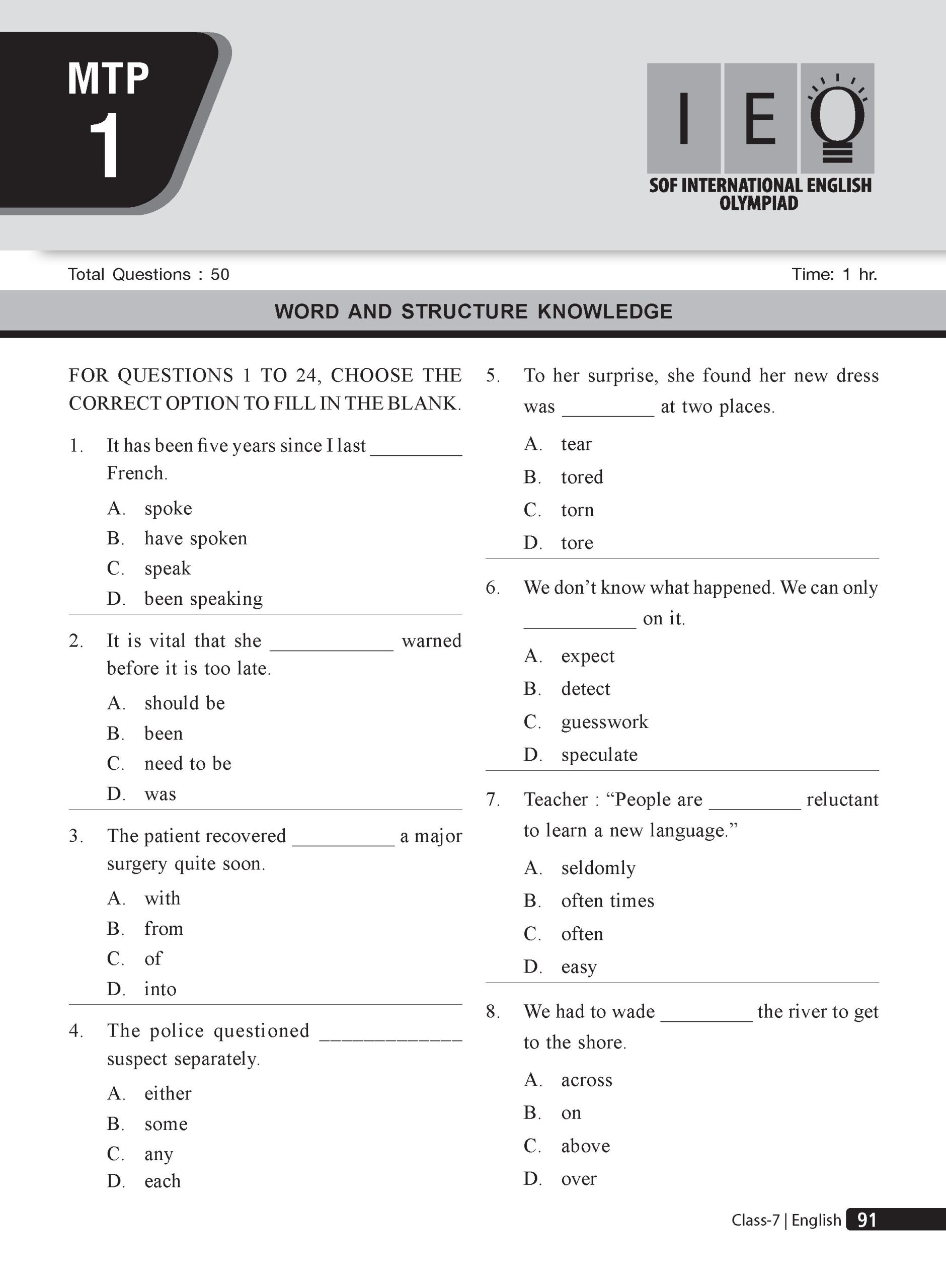 Class 7 Olympiad Prep-Guide (OPG) English (IEO) - Detailed Theory, Self Test For SOF 2026-27 Exam