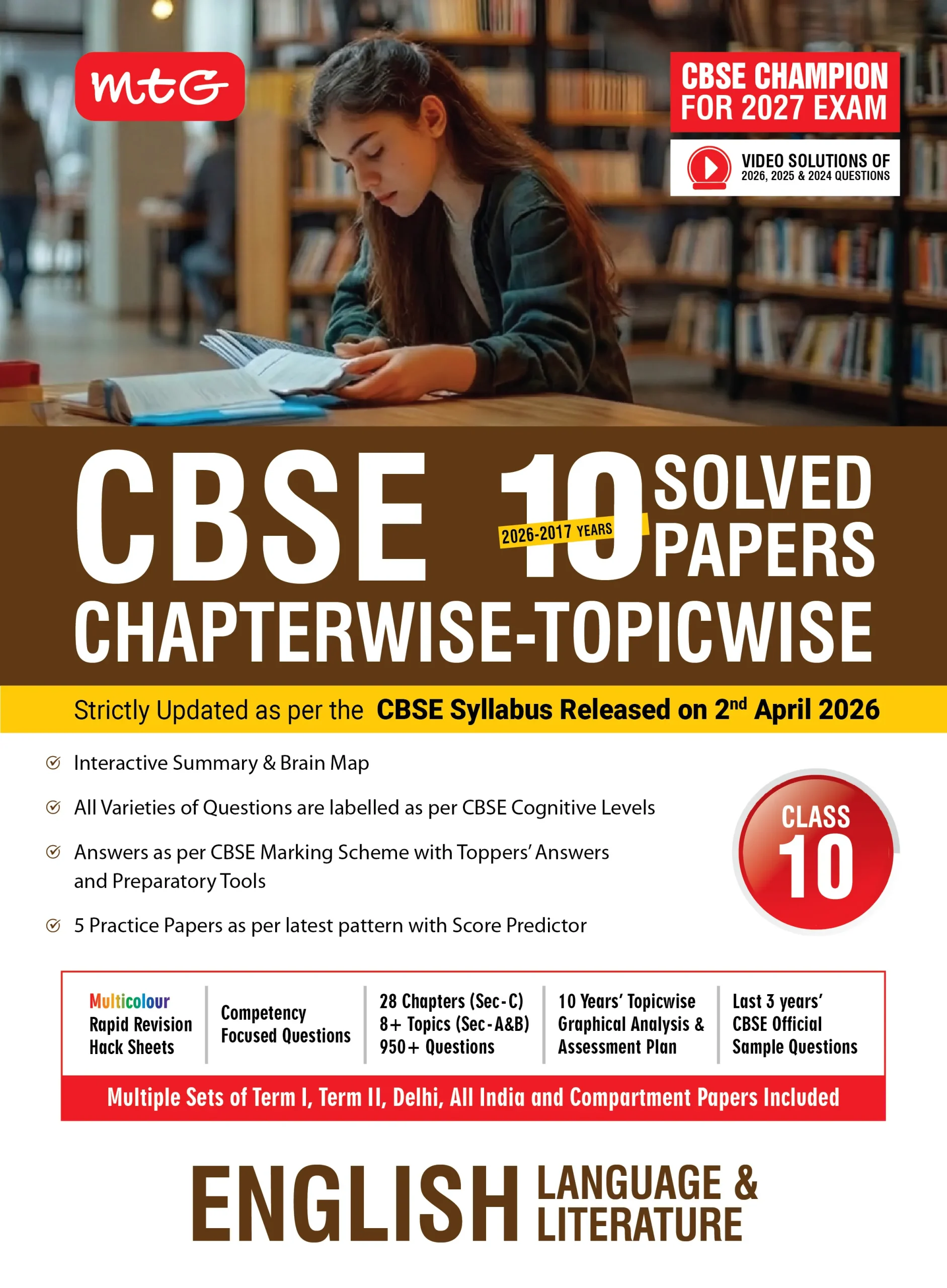 CBSE 10 Years (2026-2017) Chapterwise Topicwise Solved Papers Class 10 English Language and Literature Book - CBSE Champion For 2027 Exam | Video Solution of PYQs